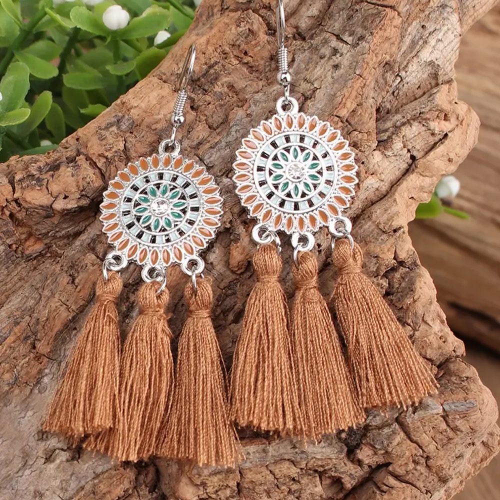NEW| 3pairs Boho Flower Fringe Pendant Earrings - Picture 4 of 6